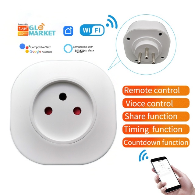 Glomarket Tuya White ABS+PC Wifi Smart Plug Electrical Outlet 16A Smart Life App Remote Control Google Home Alexa Compatibility