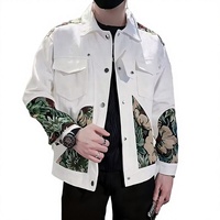 Blouson Bomber Homme Blanc à Blocs de Couleurs, Col Rabattu, Décontracté, Automne, Polyester, Poches Brodées, Coupe Droite Épaisse