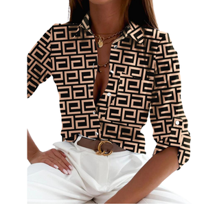 2024 <span class=keywords><strong>Plus</strong></span> <span class=keywords><strong>Size</strong></span> Damen Frühling Herbst Bedruckter Stand knopf Lässig Slim Fit Langarm blusen und Hemden - Product Image 4