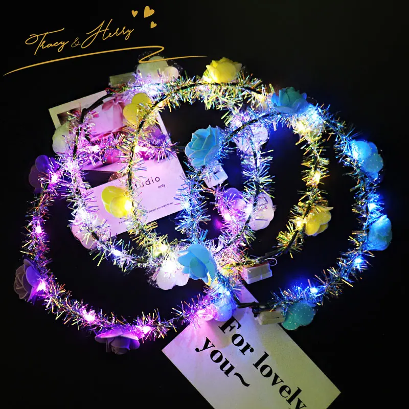 Tracy & Herry Bride Wedding LED Crown Light Up Flower Crown Garland Festival Decorative Girls Hair Band fascia per fiori