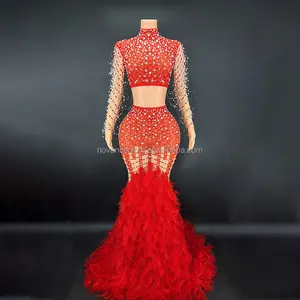 Kore giyim kadın yaz kırmızı <span class=keywords><strong>2</strong></span> adet Set pullu abiye 2022 sıcak kristal inciler tüy kuyruk Vestidos-De-Gala-core - Product Image 1