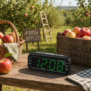 Radio-réveil numérique traditionnel avec affichage LED vert, double alarme, fonction snooze, horloge, radio FM, haut-parleur intégré et fonction de charge. - Product Image 2