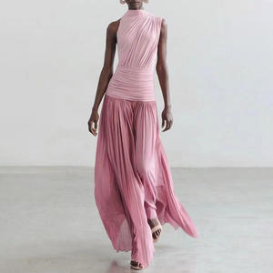 Nuovo Arrivo: Abito <span class=keywords><strong>Lungo</strong></span> Rosa da Donna <span class=keywords><strong>Monospalla</strong></span> con Collo Alto e Pieghe per Uso Quotidiano - Product Image 1