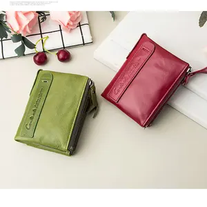 Liên hệ với của nhà máy Bán buôn phụ nữ da chính hãng ngắn Bifold RFID Ví với dây kéo đôi túi Ladies Coin Purse