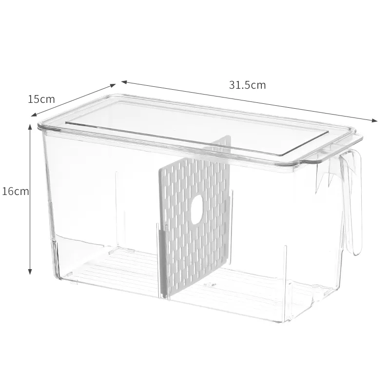 High-capacity Plastic Draining Food Storage Box with 2 Divisions for Kitchen Ware