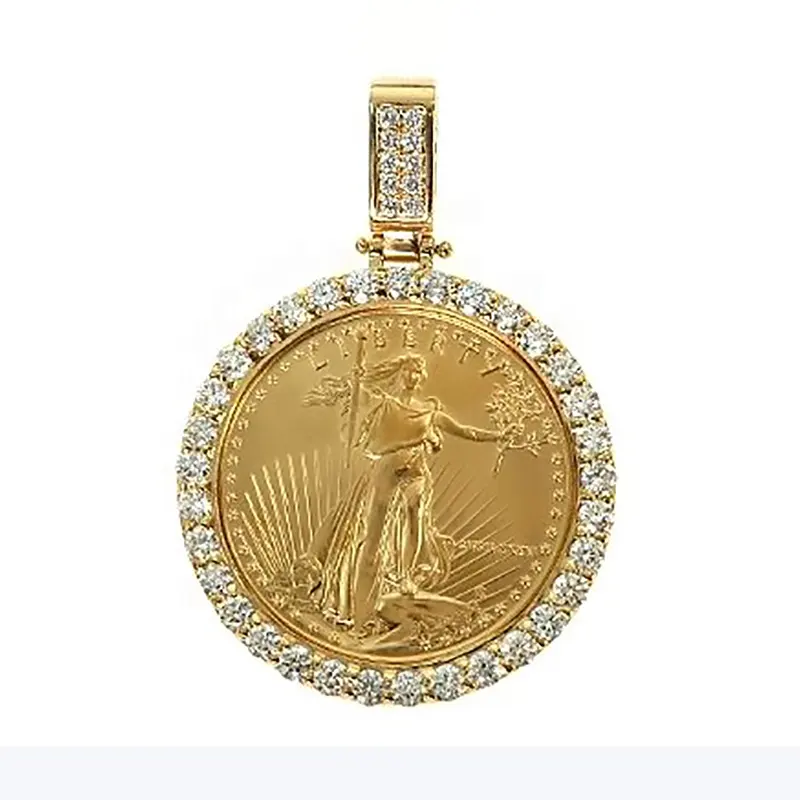 Sıcak satış özel GRA sertifikası ile altın sikke elmas çerçeve buzlu Out Moissanite elmas kolye
