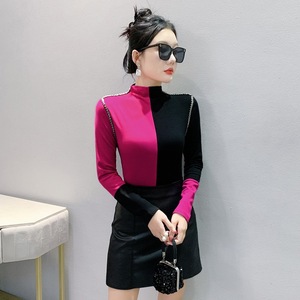 Nouveau haut chic pour <span class=keywords><strong>femme</strong></span>, <span class=keywords><strong>col</strong></span> semi-montant, <span class=keywords><strong>noir</strong></span> et rouge prune, couleurs vives, tendance automne-hiver - Product Image 3