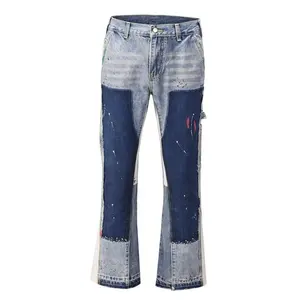 Ready To Ship Design Patchwork Baggy Track Denim Jeans High Street Contrast Flared Wide Leg Men Washed Cargo Track Denim Jeans