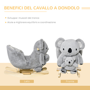 Cheval à bascule Koala en peluche HOMCOM avec sons, ceinture de sécurité et base en bois, 60x33x50cm, gris - Product Image 4