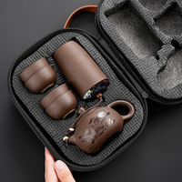 Service à thé de voyage en céramique de sable violet, 1 pot, 4 tasses, portable pour l'extérieur, design Kung Fu, étui de transport zippé, cadeau d'affaires