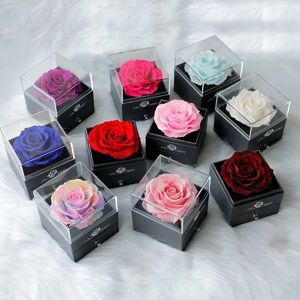Hfloral Valentine Eternal Red Roses Jewelry Gift Box Preserved Real Rose Flowers With Jewelry Box And Acrylic Jewelry Box