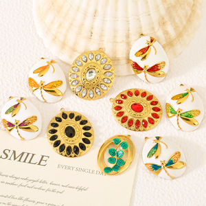 Pendentif ovale en acier inoxydable incrusté de zircon, motif libellule et feuille effet goutte d'huile, accessoire de bijouterie DIY - Product Image 1