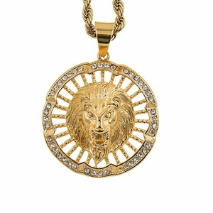 Gold Lion Head Pendant Necklace Round Crystal Inlay Stainless Steel Plated <b>Chain</b> Jewelry for Men - Product Image 4
