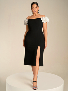 Robe de soirée élégante pour femmes grandes tailles, épaules dénudées, manches courtes en forme de pétales, dos nu, taille cintrée, robe moulante <span class=keywords><strong>mi</strong></span>-longue avec fente latérale - Product Image 5