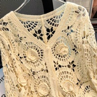 Kardigan Rajut Crochet Motif Bunga Boho Wanita, Kerah V Berongga Lengan Panjang Kancing Depan untuk Pantai Musim Panas