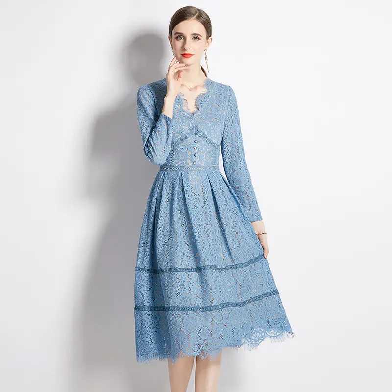 2023 Spring New V-neck Crochet Midi-Length Blue Lace Dress Women