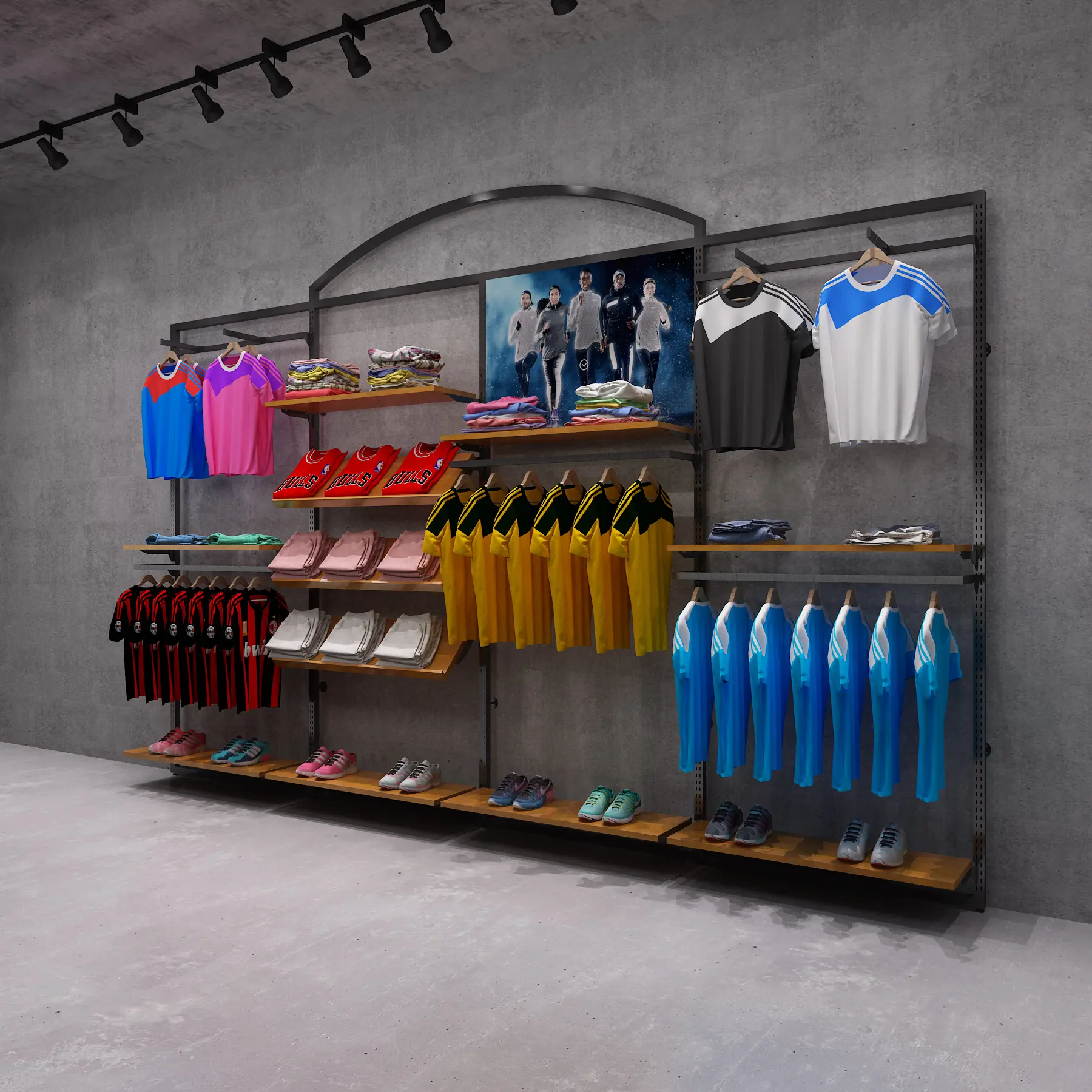 衣料品店ファッション衣料品店ショールームアパレルディスプレイラック洋服ラックのためのプロのユニークなデザインのハンギングラック