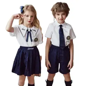 Kısa kollu pamuk yaz gömlek özel Logo Oem özelleştirilmiş üniforma setleri uluslararası okul kız ve erkek öğrenci seti