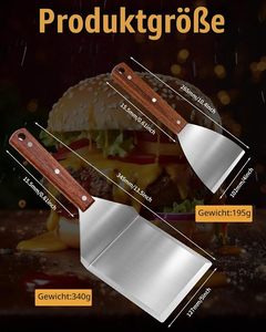 Juego de espátulas versátiles de acero inoxidable con mango de madera para asar hamburguesas, herramienta de chef de 3 piezas para plancha, teppanyaki y barbacoa a carbón - Product Image 3