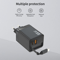 Chargeur mural rapide PD 65W Type C double port, chargeur de voyage USB-C pour ordinateur portable avec câble rétractable, adaptateur de téléphone GaN