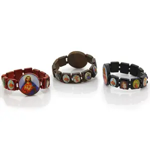 Komi hot selling wooden icon Dripping oil elastic watch beaded rosary religious bracelet