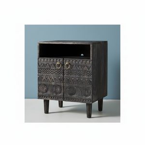 MANGALAM ART EXPORT Table de chevet en bois de manguier sculpté européen avec rangement, fabrication artisanale, durable, meubles de chambre à coucher, 2 tiroirs - Product Image 1