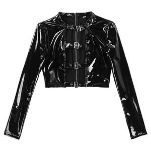 Ensemble de lingerie sexy et audacieuse en polyester brillant, comprenant un crop <span class=keywords><strong>top</strong></span> à manches longues et décolleté, et un short taille haute, avec bretelles réglables à boucles argentées - Product Image 5