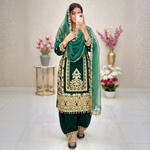 Women <b>Green</b> <b>Silk</b> Embroidered Straight Cut Salwar Kameez Set With Dupatta - Product Image 1