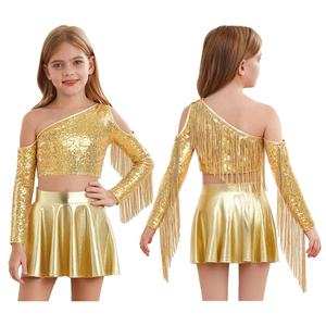 Conjunto de Top Corto y Falda Larga Metálica Brillante para Niñas de 6 a 16 Años, Disfraz para Actuaciones de Jazz, Espectáculos y Competencias - Product Image 2