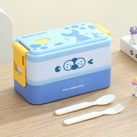 Boîte à lunch portable double couche pour étudiants Cartoon Kidsren Boîte à lunch compartimentée Boucle latérale Couvercle en plastique comprenant une fourchette et une cuillère