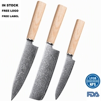Couteau utilitaire Nakiri personnalisable en acier Damas VG10 67 couches, manche en bois, lame fixe, ensemble de 3 pièces, pour droitier, compatible OEM