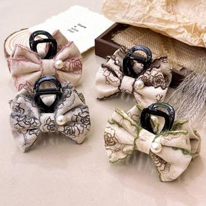 Pince à cheveux en velours tendance, nœud imprimé élégant avec perles coréennes, accessoires pour cheveux, bandeau pour femmes - Product Image 6