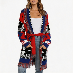 <span class=keywords><strong>Cardigan</strong></span> in Maglia Tribale Navajo Occidentale con Bordi Geometrici e Frange, Lunghezza Media, con Tasche con Nappe, per Donna - Product Image 1