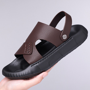 Men's Genuine Leather <b>Slides</b> Open Toe Rubber Sole Casual Summer Sandals - Product Image 1