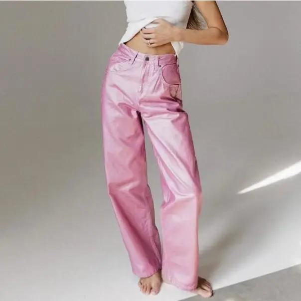 X08693C amerikan gümüş yüksek bel geniş bacak kot kadınlar için Chic metalik parlak düz Baggy Denim pantolon