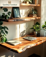 Escritorio Flotante de Madera Maciza con Borde Natural |   Estación de Trabajo para Computadora de Estilo Wabi-Sabi, Montada en la Pared, con Estantes Integrados, para Oficina en Casa