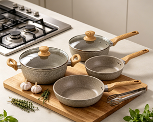 Juego de 9 utensilios de cocina antiadherentes de granito, ollas y sartenes de aluminio con asas de imitación madera y tapas de vidrio - Product Image 5
