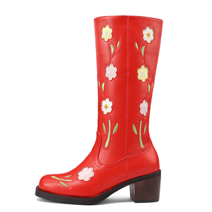 Bottes hautes pour femmes à motif floral rétro, talons épais, chaussures à bout carré large, bottes longues - Product Image 3