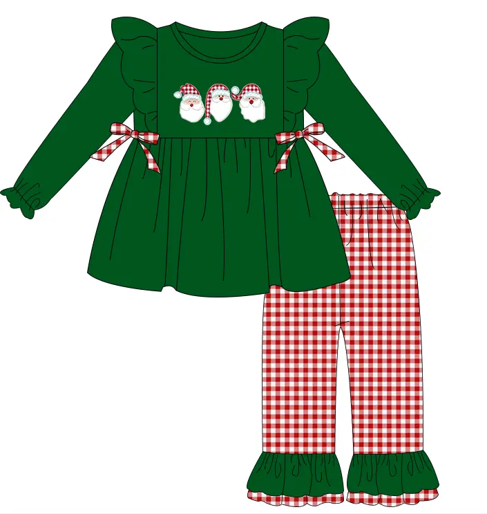 2022 New Design Christmas Clothing Sets Kids Cute Santa Claus Embroidery Girls Boys Winter Boutique Clothes Outfits