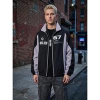 Veste de sport pour homme, noire et grise, avec imprimé BELIEF 67 LIFE, fermeture éclair intégrale, col montant, confortable, pour la gym, l'entraînement, le quotidien et le streetwear