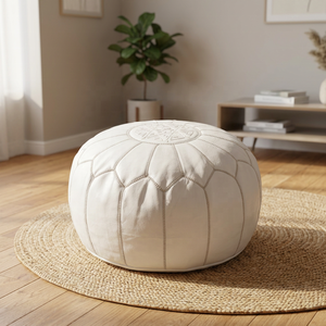 White <b>Leather</b> Pouf <b>Cover</b> Geometric Embroidery Bohemian Style Stitched Design Handmade Home Decor Drawstring Closure Customizable - Product Image 4