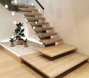 Escalera moderna de lujo que vuela, escalera recta flotante iluminada, escalera interior de peldaño de madera - Product Image 3