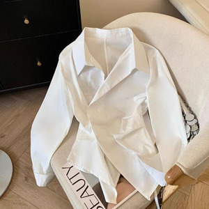 Chemises élégantes pour femmes de style britannique RNSHANGER, <span class=keywords><strong>bleu</strong></span> et blanc, printemps, irrégulières, amples, polyvalentes, haut de chemise, vêtements de travail tendance - Product Image 6