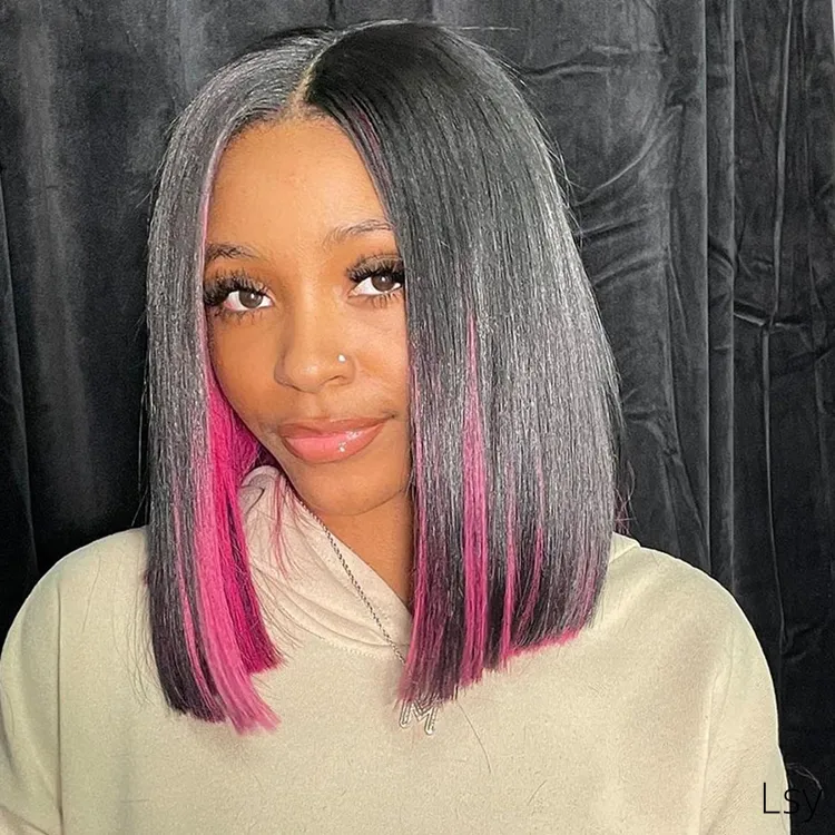 Peekaboo Wig Colored Hair Underneath Black Hair Short Bob 4x4 Lace Closure Wig Pink Lace Frontal Human Hair Wigs For Black Women