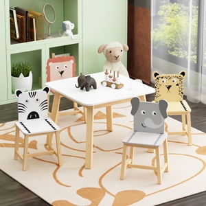 Ensemble de table et chaises en bois pour enfants, 5 pièces, avec design d'animaux de dessin animé, caractéristiques de sécurité, style moderne, pour l'école et l'hôtel (3-8 ans) - Product Image 3