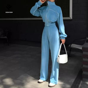 F5169 ensemble deux pièces pour femmes vêtements pour femmes haut court en velours et pantalon à jambes larges ensemble Y2k décontracté Streetwear survêtement pour femmes - Product Image 4