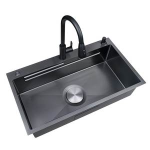 Évier de cuisine en acier inoxydable 304 noir nano-embossé avec double nervure et ouverture pour lave-vaisselle - Product Image 2