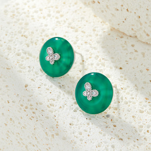 Green Chalcedony Stud Earrings With Zircon Butterfly Design S925 Silver Needle 14k Gold Ear <b>Post</b> <b>Round</b> Geometric Shape - Product Image 2