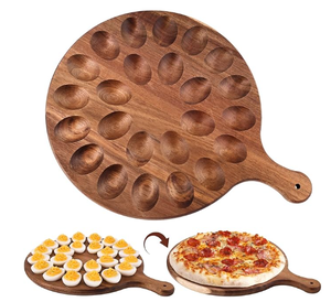 <span class=keywords><strong>Plateau</strong></span> de service rond en bois d'acacia écologique pour œufs farcis et charcuterie, avec 24 trous, style classique, pour la cuisine - Product Image 1