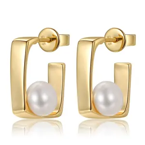 Australia New Luxury 18k Gold Plated Silver Square Design White Pearl Earrings Office Business Lady Style Earrings For Women